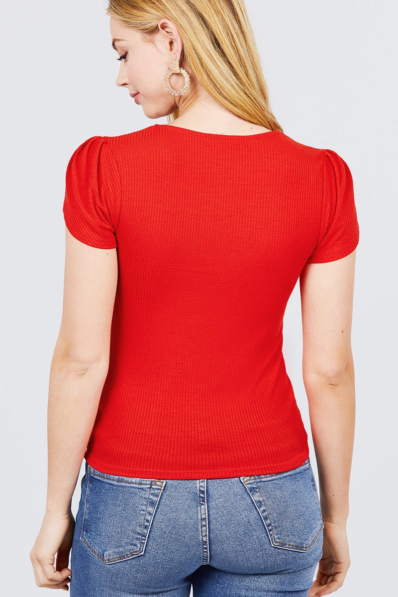 Short Tulip Puff Sleeve Round Neck Rib Knit Top