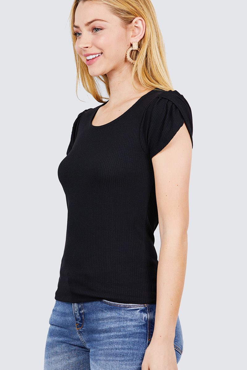 Short Tulip Puff Sleeve Round Neck Rib Knit Top