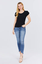 Load image into Gallery viewer, Short Tulip Puff Sleeve Round Neck Rib Knit Top
