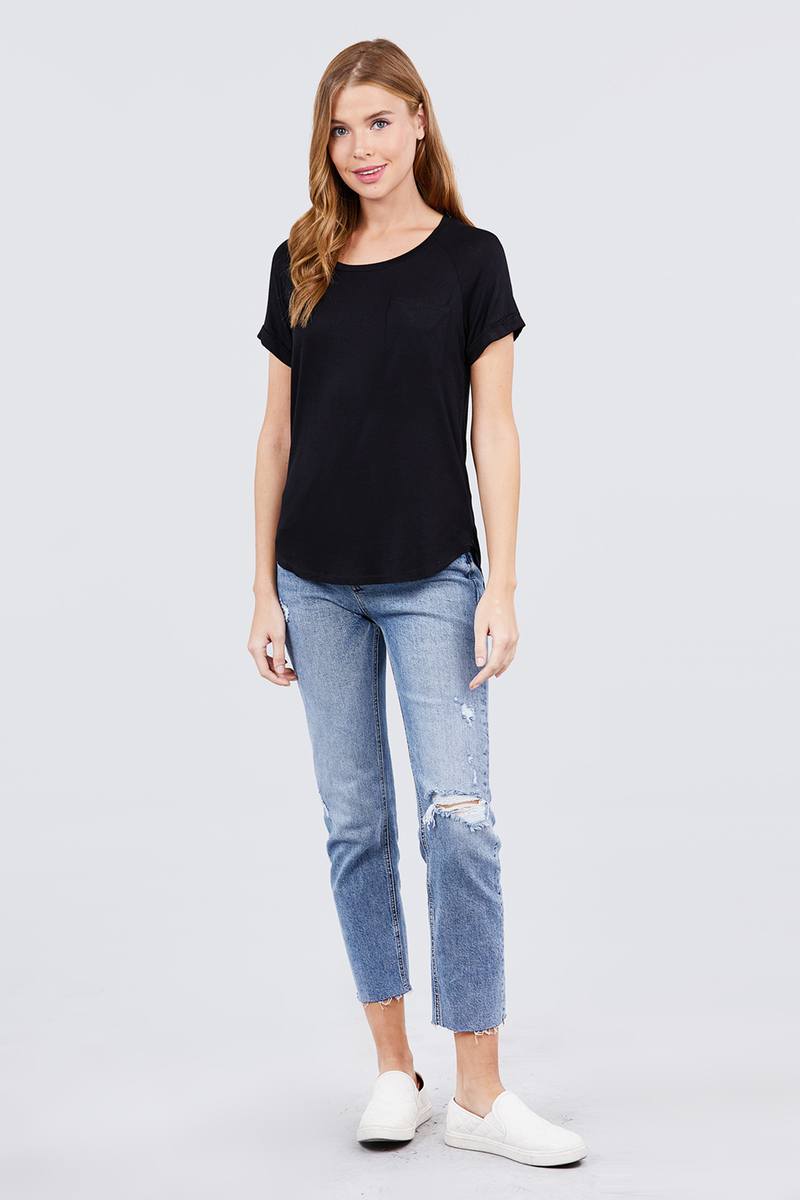 Short Sleeve Crew Neck Shoulder Button Top