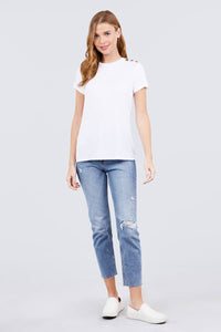 Short Sleeve Crew Neck Shoulder Button Top