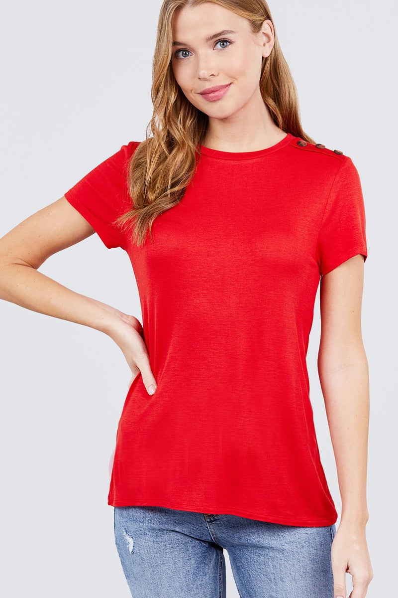 Short Sleeve Crew Neck Shoulder Button Top