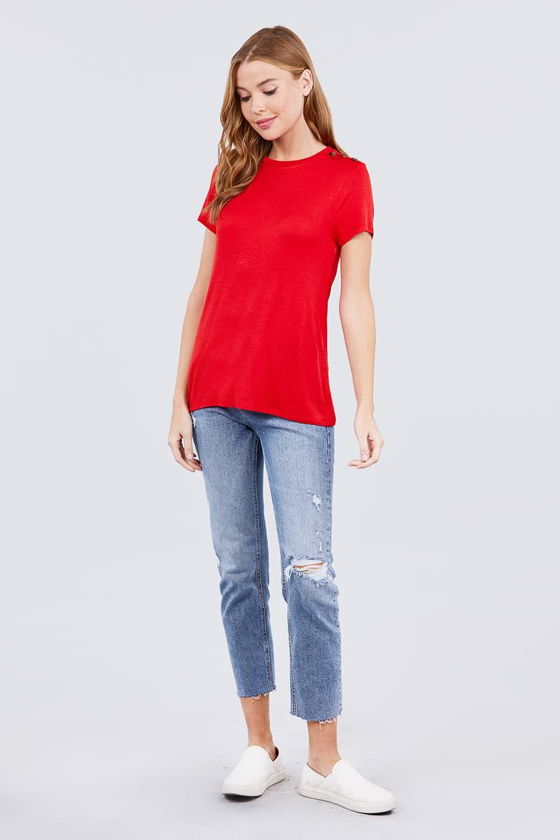 Short Sleeve Crew Neck Shoulder Button Top