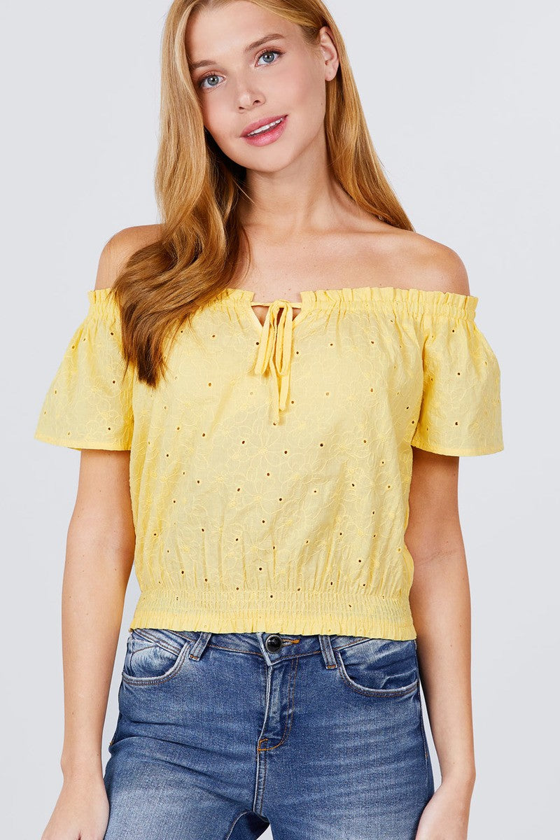 Short Sleeve Off The Shoulder Front Tie Eyelet Lace Top