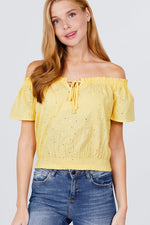 Load image into Gallery viewer, Short Sleeve Off The Shoulder Front Tie Eyelet Lace Top
