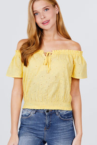 Short Sleeve Off The Shoulder Front Tie Eyelet Lace Top