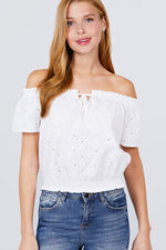 Load image into Gallery viewer, Short Sleeve Off The Shoulder Front Tie Eyelet Lace Top
