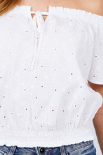 Load image into Gallery viewer, Short Sleeve Off The Shoulder Front Tie Eyelet Lace Top
