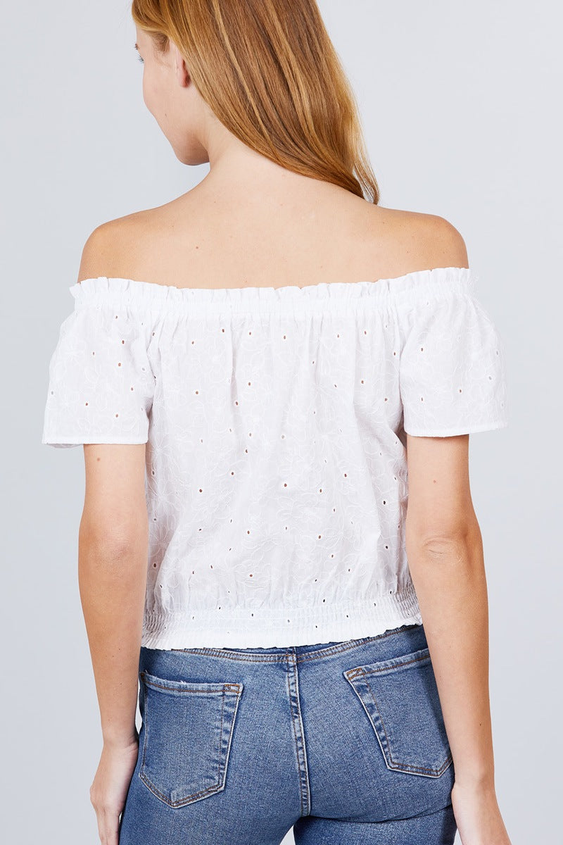 Short Sleeve Off The Shoulder Front Tie Eyelet Lace Top