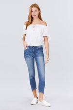 Load image into Gallery viewer, Short Sleeve Off The Shoulder Front Tie Eyelet Lace Top
