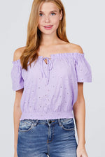 Load image into Gallery viewer, Short Sleeve Off The Shoulder Front Tie Eyelet Lace Top
