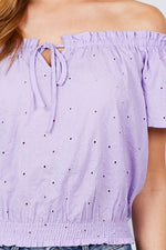 Load image into Gallery viewer, Short Sleeve Off The Shoulder Front Tie Eyelet Lace Top
