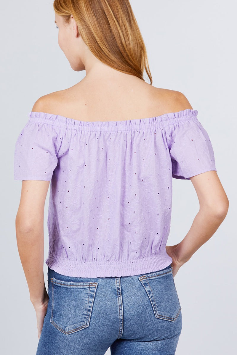 Short Sleeve Off The Shoulder Front Tie Eyelet Lace Top