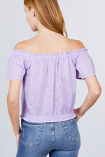 Load image into Gallery viewer, Short Sleeve Off The Shoulder Front Tie Eyelet Lace Top
