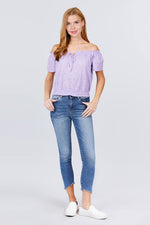 Load image into Gallery viewer, Short Sleeve Off The Shoulder Front Tie Eyelet Lace Top
