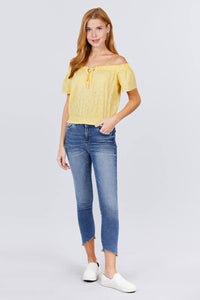 Short Sleeve Off The Shoulder Front Tie Eyelet Lace Top