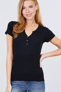 Short Sleeve Button Henley Neck Rib Knit Top