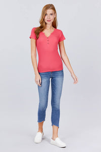 Short Sleeve Button Henley Neck Rib Knit Top