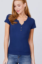 Load image into Gallery viewer, Short Sleeve Button Henley Neck Rib Knit Top
