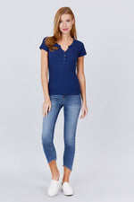 Load image into Gallery viewer, Short Sleeve Button Henley Neck Rib Knit Top
