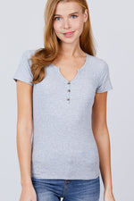 Load image into Gallery viewer, Short Sleeve Button Henley Neck Rib Knit Top
