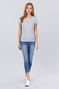 Short Sleeve Button Henley Neck Rib Knit Top