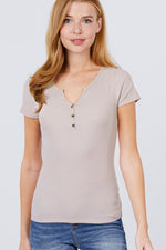 Load image into Gallery viewer, Short Sleeve Button Henley Neck Rib Knit Top
