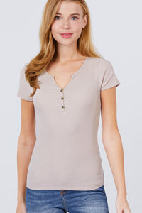 Short Sleeve Button Henley Neck Rib Knit Top