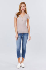 Load image into Gallery viewer, Short Sleeve Button Henley Neck Rib Knit Top
