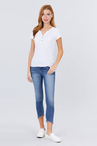 Short Sleeve Button Henley Neck Rib Knit Top