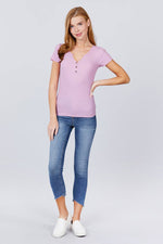 Load image into Gallery viewer, Short Sleeve Button Henley Neck Rib Knit Top
