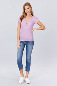 Short Sleeve Button Henley Neck Rib Knit Top