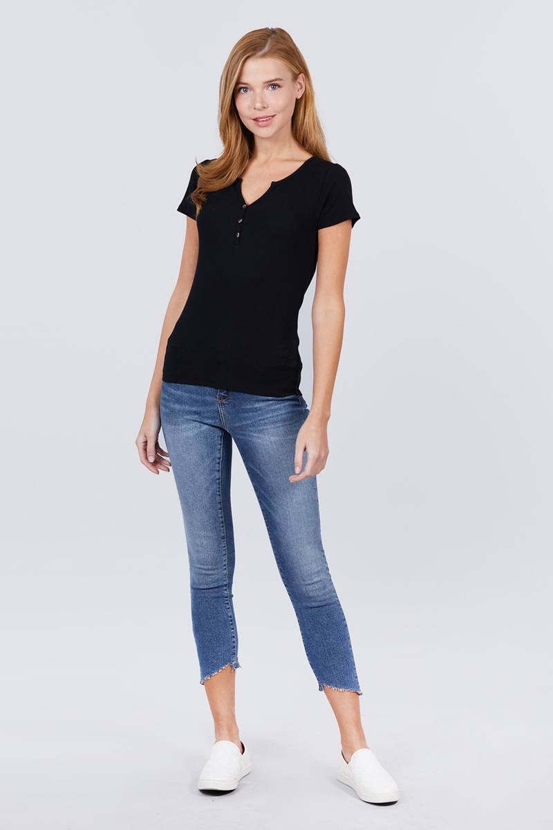 Short Sleeve Button Henley Neck Rib Knit Top