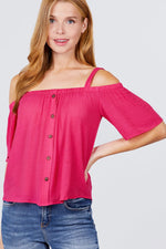 Load image into Gallery viewer, Elbow Sleeve Open Shoulder Button Down Woven Top
