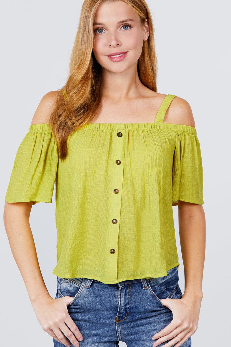 Elbow Sleeve Open Shoulder Button Down Woven Top