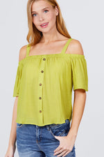 Load image into Gallery viewer, Elbow Sleeve Open Shoulder Button Down Woven Top
