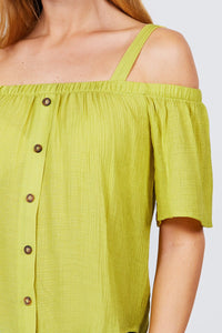 Elbow Sleeve Open Shoulder Button Down Woven Top