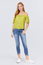 Load image into Gallery viewer, Elbow Sleeve Open Shoulder Button Down Woven Top
