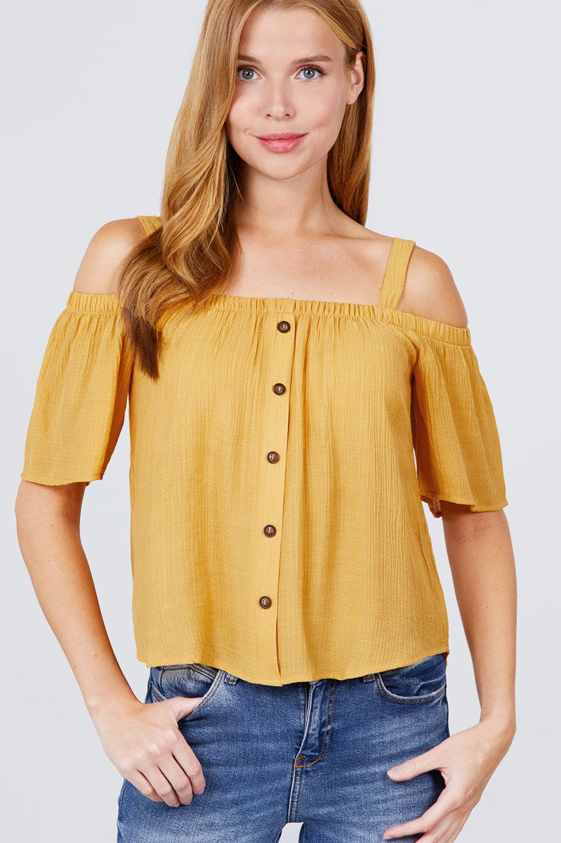 Elbow Sleeve Open Shoulder Button Down Woven Top