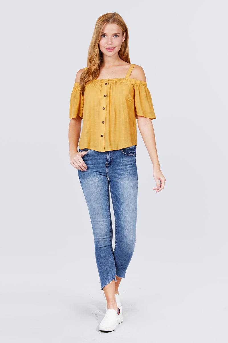 Elbow Sleeve Open Shoulder Button Down Woven Top