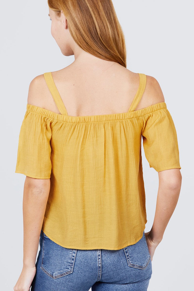 Elbow Sleeve Open Shoulder Button Down Woven Top