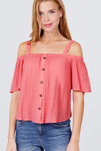 Elbow Sleeve Open Shoulder Button Down Woven Top