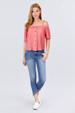 Load image into Gallery viewer, Elbow Sleeve Open Shoulder Button Down Woven Top
