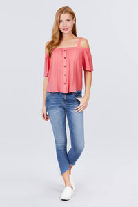 Elbow Sleeve Open Shoulder Button Down Woven Top