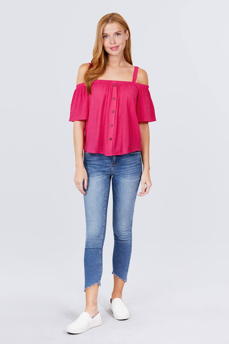 Elbow Sleeve Open Shoulder Button Down Woven Top