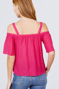 Elbow Sleeve Open Shoulder Button Down Woven Top