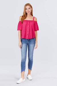 Elbow Sleeve Open Shoulder Button Down Woven Top