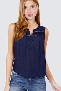 Sleeveless Front Pleats Detail Woven Top