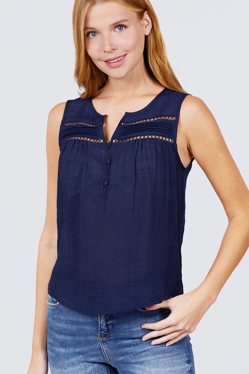 Sleeveless Front Pleats Detail Woven Top