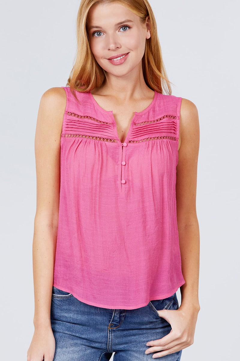 Sleeveless Front Pleats Detail Woven Top